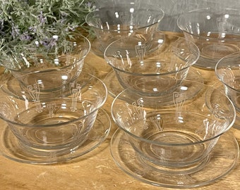 RARE Vintage Fostoria Crystal Etched Finger Bowls with Plates, Etch 215, Set of 9