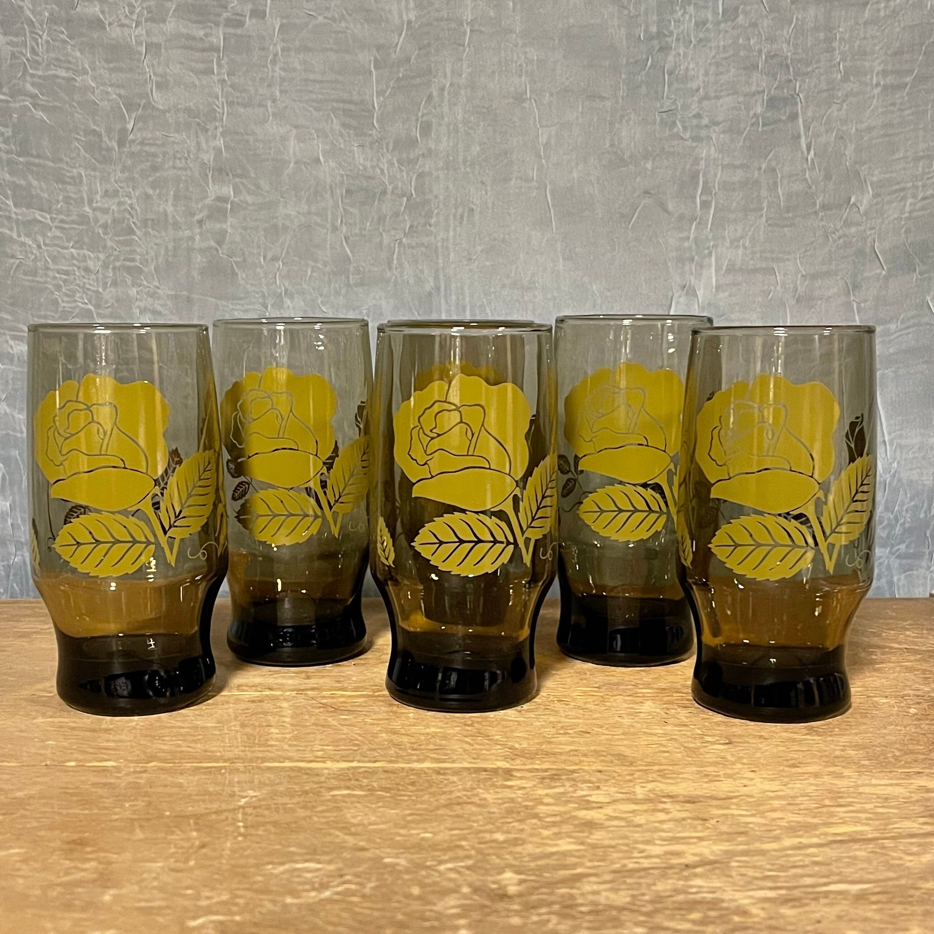 Vintage Set of Smoked Brown Glass With Rose Design 1970s Set Etsy