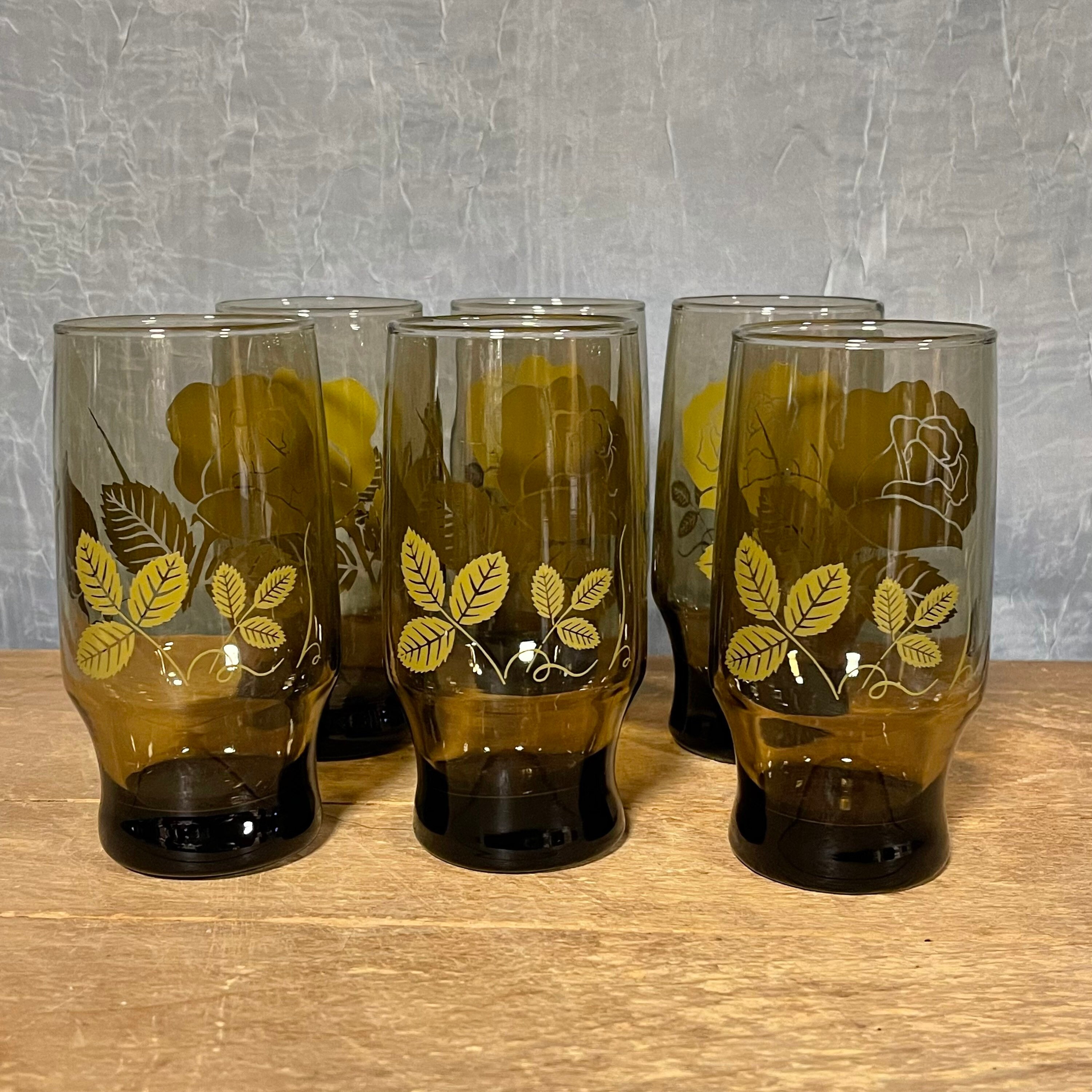 Vintage Set of Smoked Brown Glass With Rose Design 1970s Set - Etsy