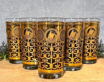 Vintage Libbey 1960s 90th Anniversary Prudential Insurance Cocktail Tumblers, Set of 6 Black and 22k Gold Barware