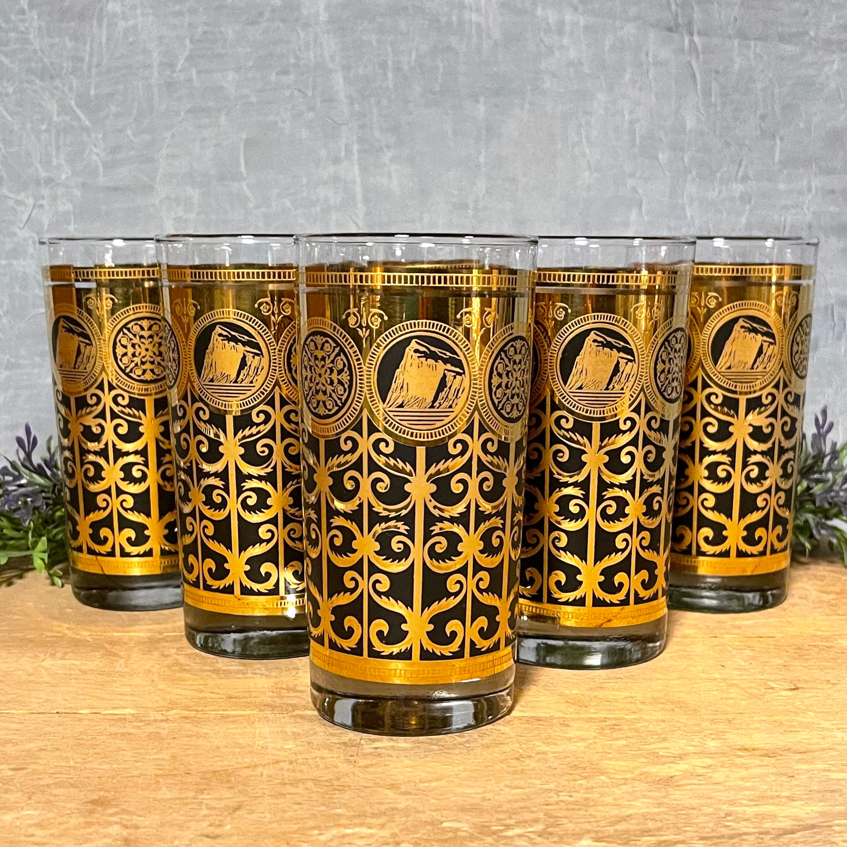 Vintage Libbey 1960s 90th Anniversary Prudential Insurance Cocktail Tumblers, Set of 6 Black and 22k Gold Barware