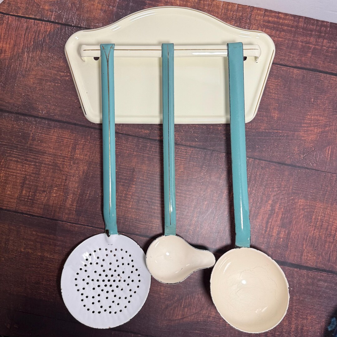 Antique Utensil Rack Vintage Enamel Utensils With Rack, Turquoise and Cream Ladle and ...