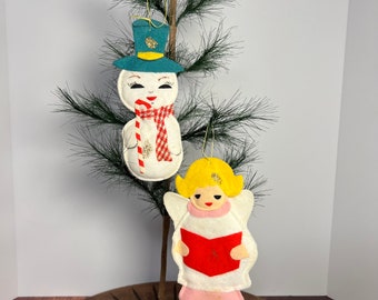 Vintage Jestia Japan Felt Christmas Ornaments, Felt Angel Ornament, Felt Snowman Ornament, Vintage Christmas Decor
