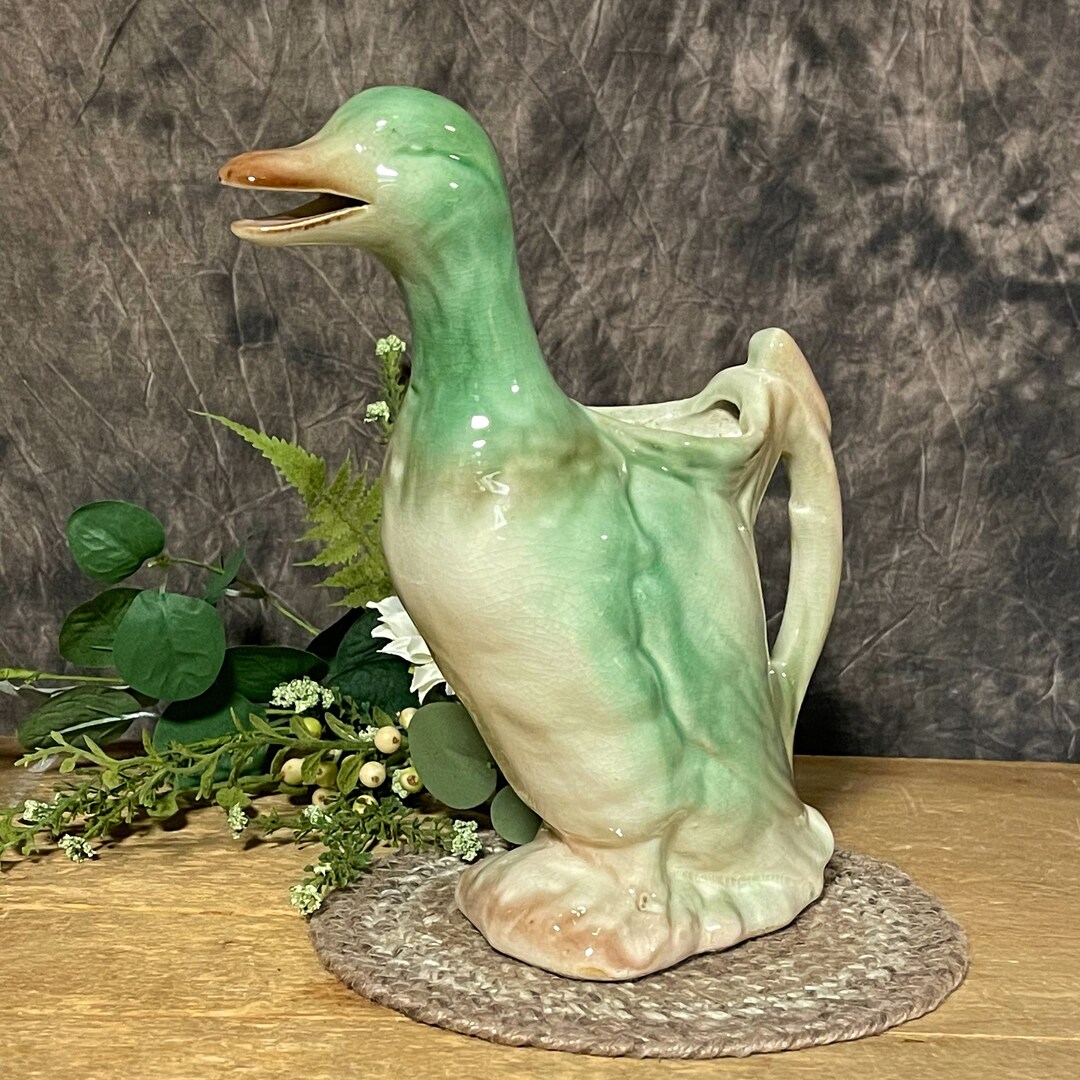 Vintage Majolica Duck Pitcher, Pottery Duck Vase With Cattail Handle - Etsy