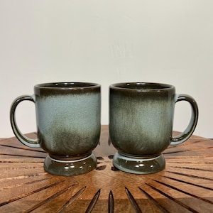 Frankoma Footed Coffee Mugs, Pair of Woodland Moss Frankoma C2 Pottery Glasses, Vintage Frankoma Cups