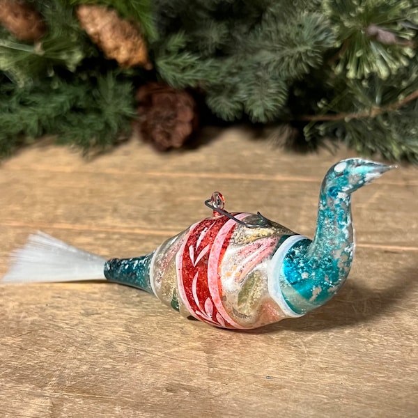 Vintage Mercury Glass Peacock Ornament, Clip On Glass Bird Ornament With Spun Tain, Filament Tail