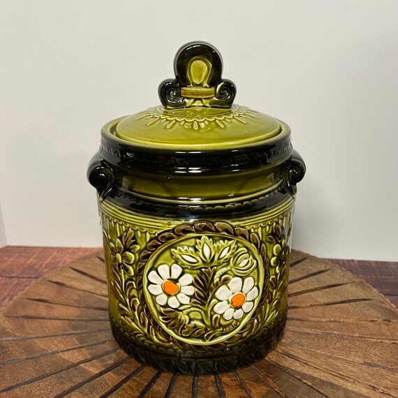 Vintage Mugsroyale Cookie Jar, Olive Green Cookie Jar With