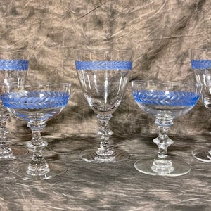 Vintage Laurel Leaf Stemware, 3 Wine Glasses, 3 Champagne Glasses