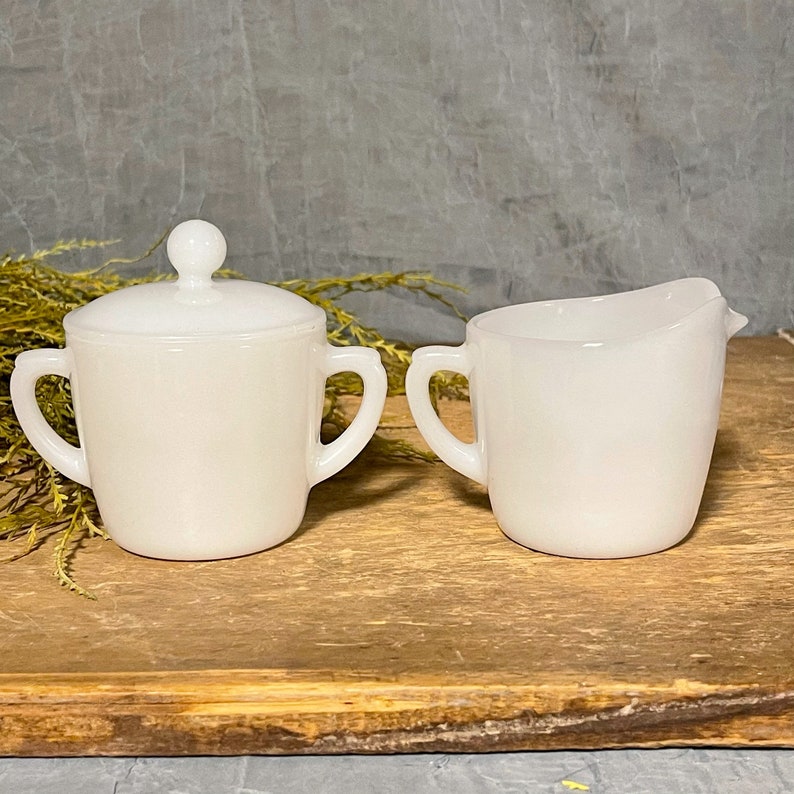 Vintage Fire King Milk Glass Wheat Pattern Sugar and Creamer Set image 5