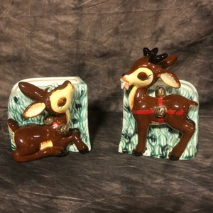 Vintage Napco Ceramic Pair of Christmas Reindeer Bookend Planters