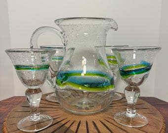 Vintage Blown Glass Pitcher With Four Glass Goblets, Hand Blown Glass, Pitcher and Glasses Set