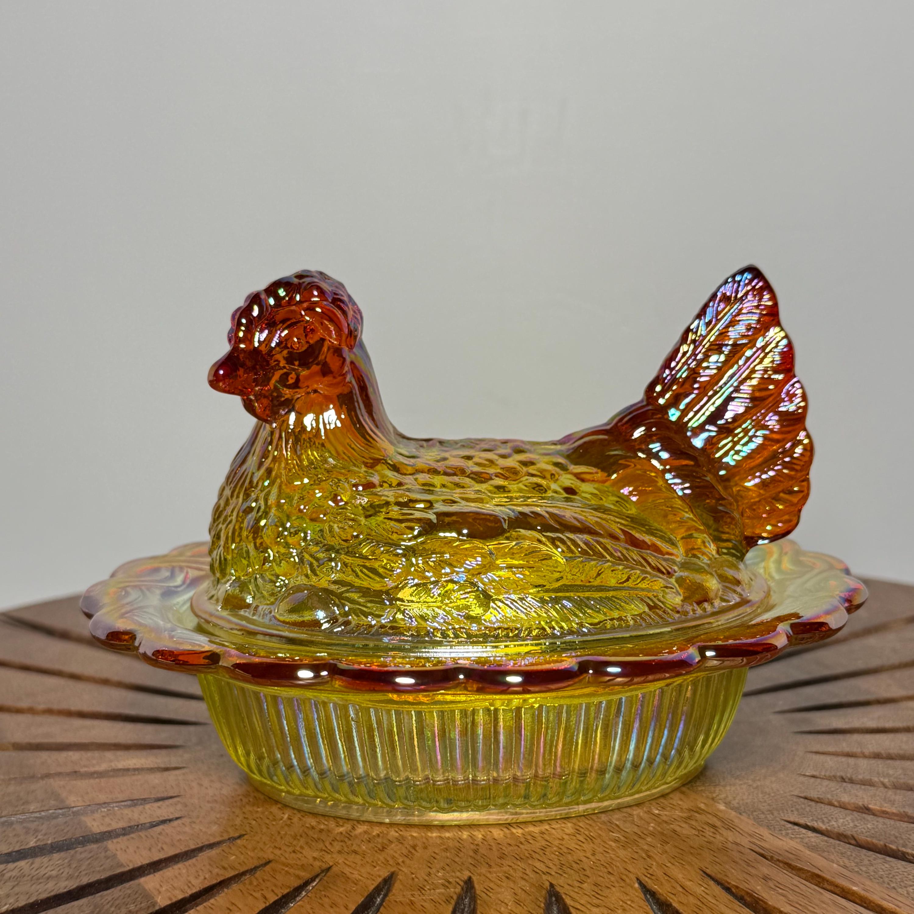 Mosser Marigold Carnival Glass Hen on Nest, Mosser Marigold