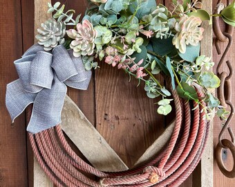 Lariat Rope Wreath, Spring Wreath, Summer Floral Wreath, Succulent Wreath