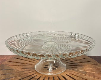 Vintage Cut Glass Pedestal Cake Stand, Fan Pattern, Clear Glass Pedestal Cake Stand, 12 inch
