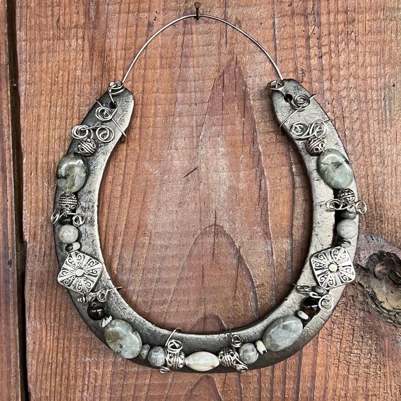 Beaded Horseshoe Gray Green Marbled Beads Silver Beads Etsy