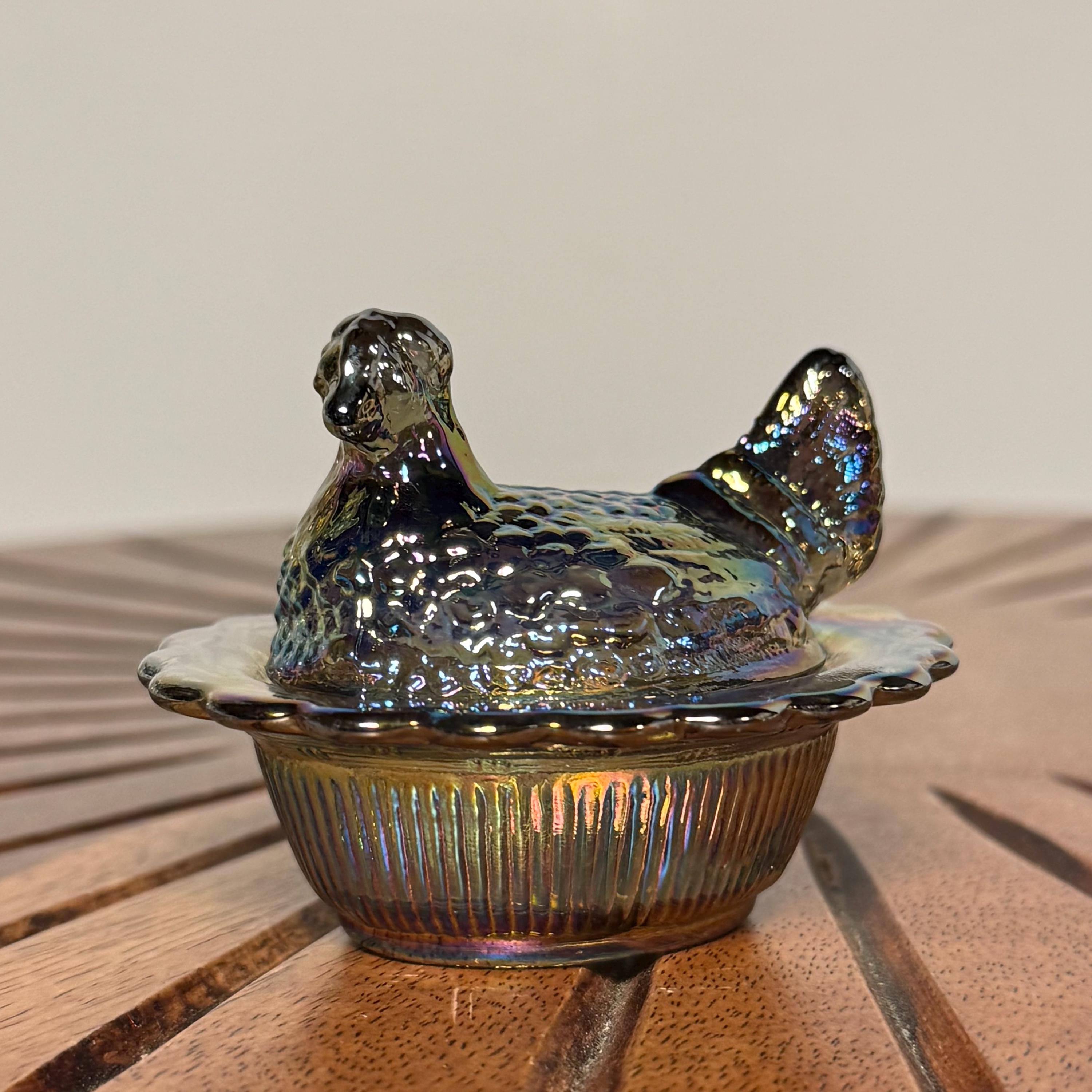 Mosser Smoke Titanium Carnival Glass Hen on Nest Salt Cellar