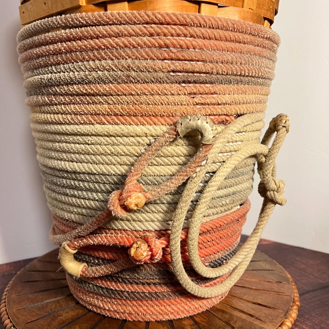 Large Vintage Woven Wood Basket With Lid, Lariat Rope Wrapped Basket ...