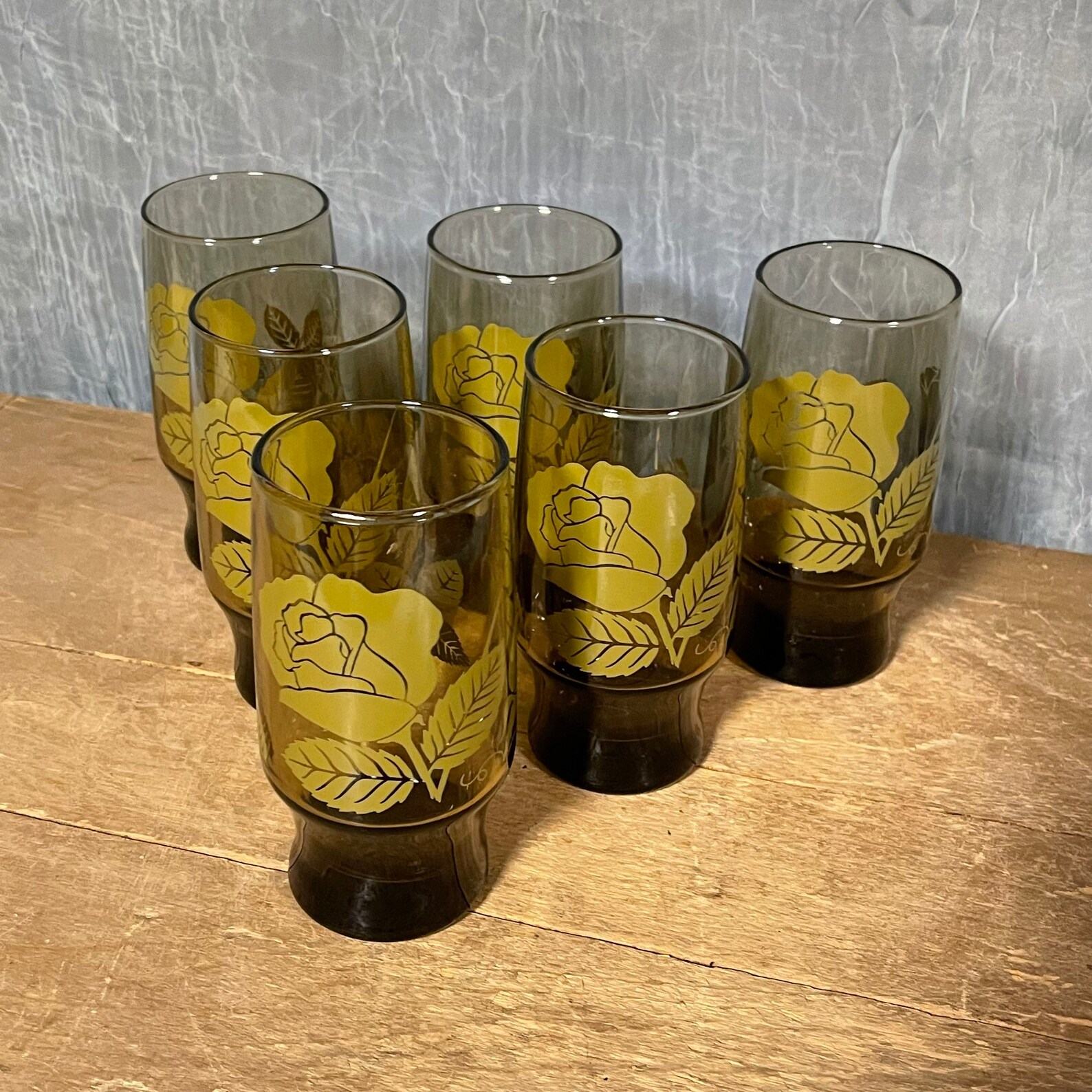 Vintage Set of Smoked Brown Glass With Rose Design 1970s Set Etsy