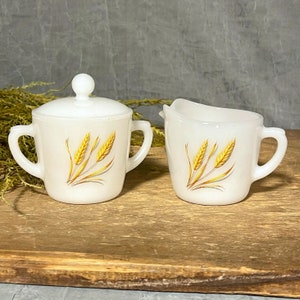 Vintage Fire King Milk Glass Wheat Pattern Sugar and Creamer Set image 7