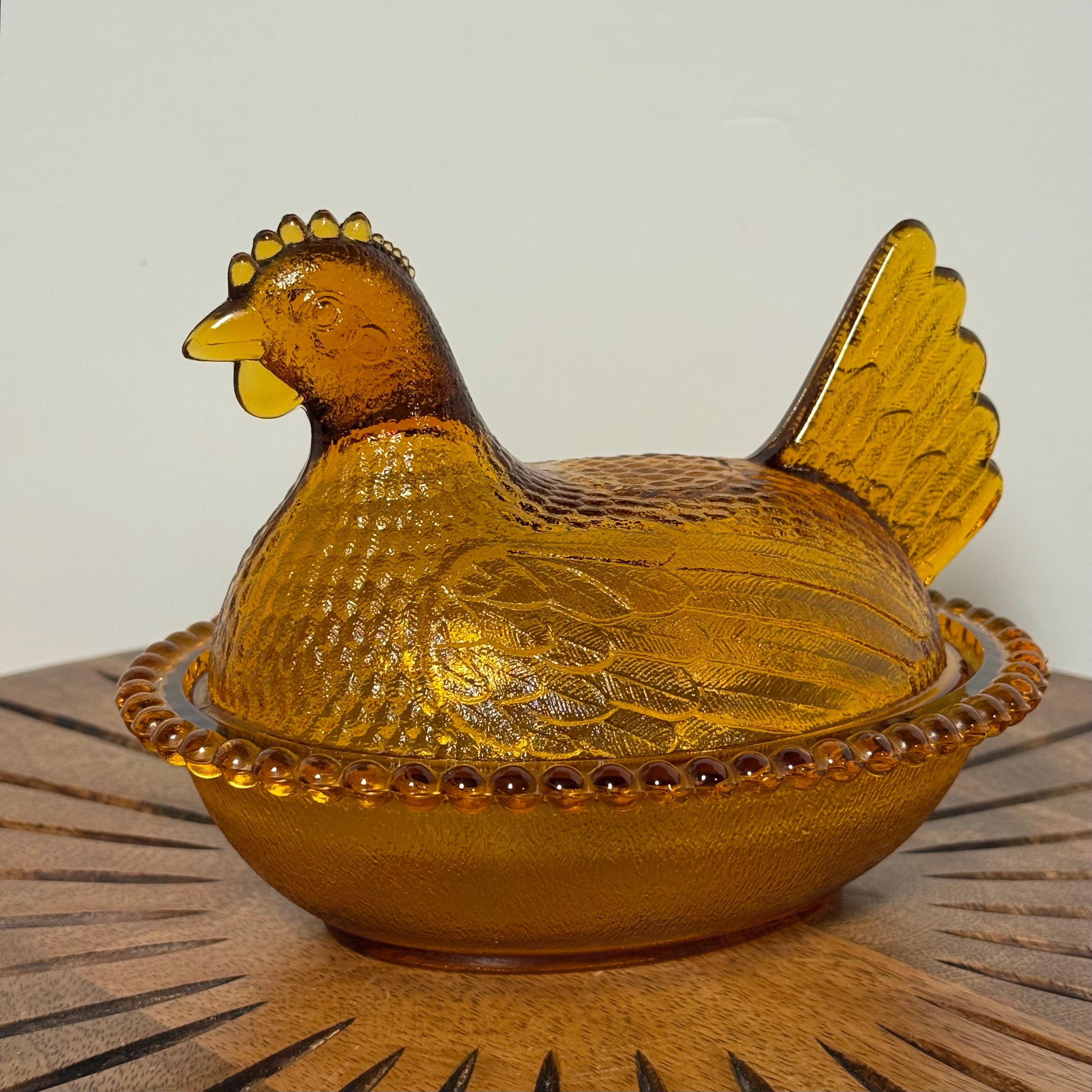 Vintage Indiana Glass Co Amber Hen on Nest, Gold Amber Glass