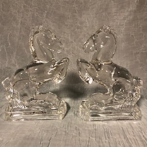 Vintage 1940s LE Smith Glass Horse Bookends, Clear Glass Horse Decor