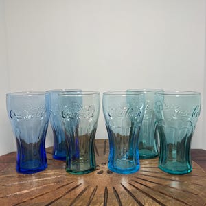 Vintage Coca-Cola Glasses, Set of 6 Blue and Green Tinted Coca-Cola Glasses, Vintage Coke Glass