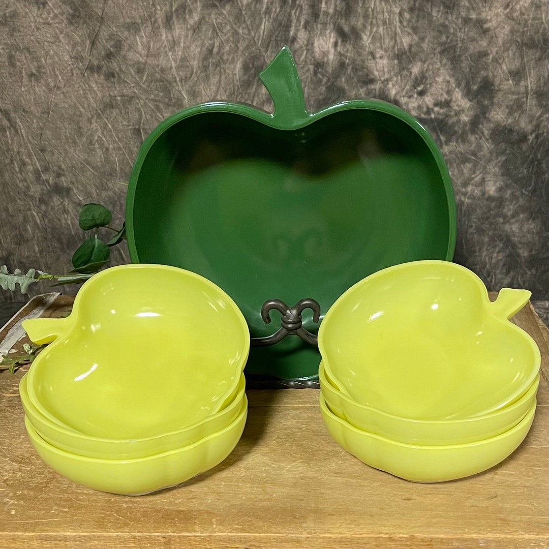 Vintage Hazel Atlas Green Apple Salad Bowl Set, 7 Piece Salad Bowl Set