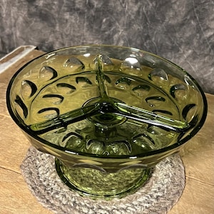 Vintage Hazel Atlas Green Thumbprint Pedestal Relish Tray, Green Divided Pedestal Dish