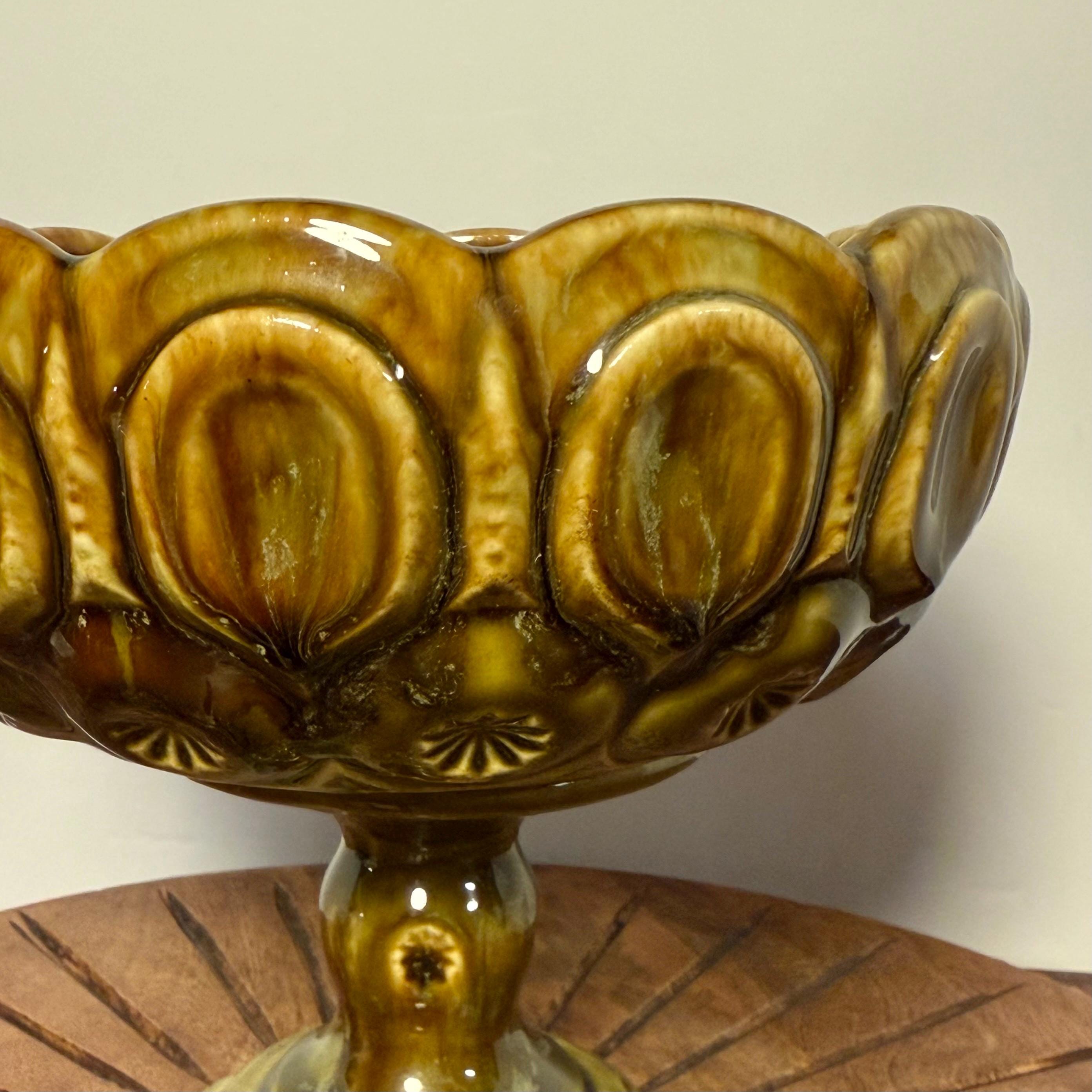 Vintage Mccoy Compote, Large Green and Brown Glazed Ceramic Compote ...