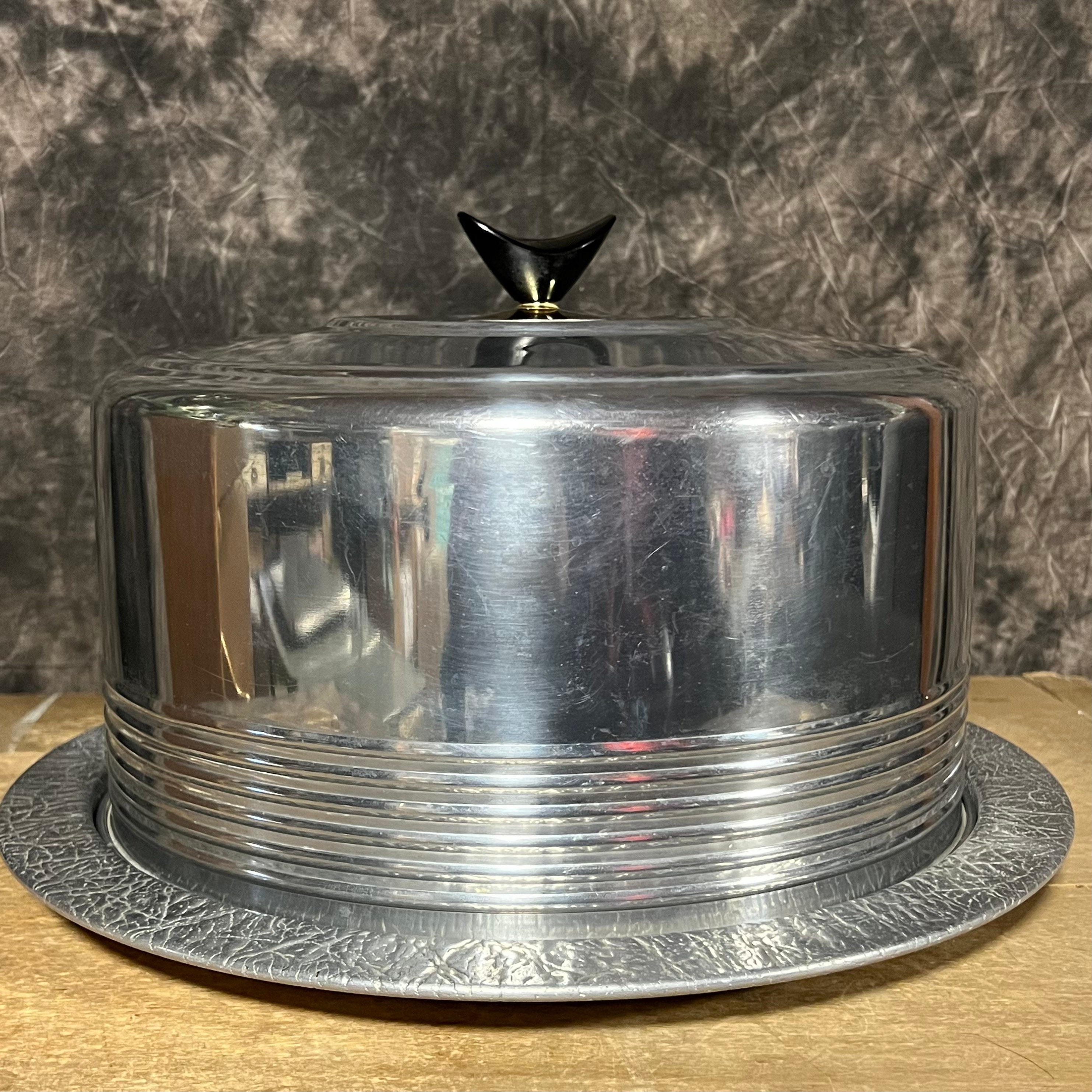 Vintage 10” X 4.5” Metal Cake Cover Carrier Lid Gold & White W/ Insert Tray  Pan