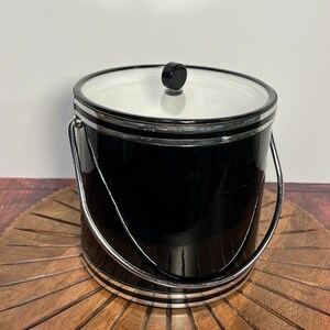 Retro MCM Black Vinyl Ice Bucket, Vintage Ice Bucket, Vintage Barware, Black Ice Bucket With Silver Trim, Clear Lid