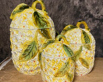 Vintage Ransburg Rooster Canister Set: Hand-painted Yellow Nesting