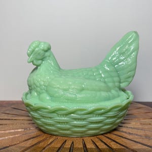 Vintage MCM Jadeite Green Glass Hen on Nest, Large Jadeite Nesting Hen Covered Dish With Split Tail