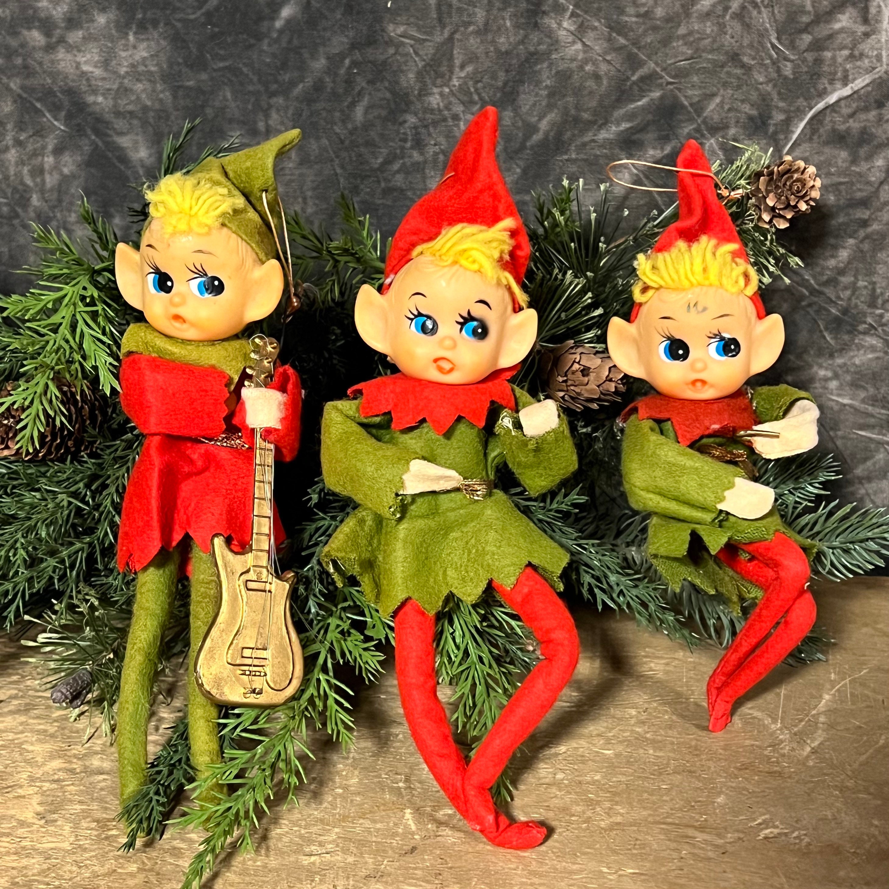 Vintage Christmas Elves, Set of 3 Green Pixie Elf Ornaments