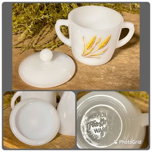 Vintage Fire King Milk Glass Wheat Pattern Sugar and Creamer Set image 8