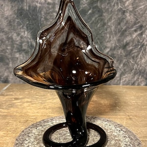 Vintage Hand Blown Glass Art Vase, Brown Swirl Lily Vase with Stem and Coil Base, Handblown Glass, Brown Glass Vase, Lily Vase