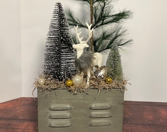 Vintage Christmas Decor, Holiday Deer Arrangement In Metal Box, Bottle Brush Tree, Vintage Inspired, Holiday Decor, Diorama, Assemblage