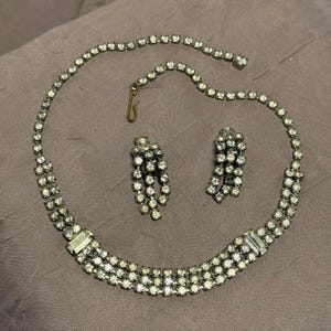 Vintage Rhinestone Choker Necklace and Clip Earrings, 1950s Rhinestone Necklace, Vintage Jewelry Set