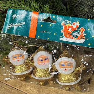 Vintage Gold Glitter and Chenille Dancing Santa Claus Ornaments, Set of 3 Vintage Santa Claus Ornamnts