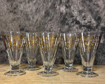 Vintage Footed Glass Tumblers with Gold Party Pattern, Initial K, Set of 7 Footed Glasses