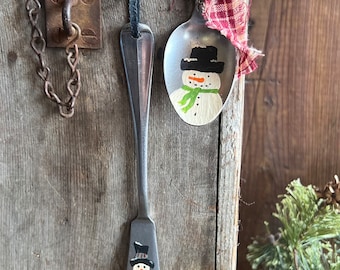 Hand Painted Snowman Christmas Spoon and Knife Ornaments, Unique Christmas Ornament, Primitive Snowman, Set of 2 Ornaments, Repurposed