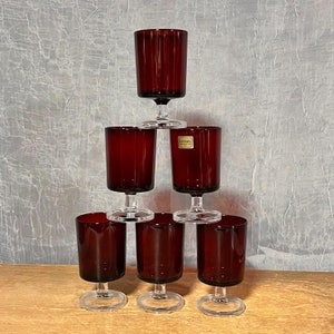 Vintage Luminarc Ruby Red Footed Glasses, France Verrerie D’Arques, Set of 6 Cordial, Juice, Barware Glasses