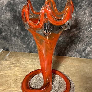 Vintage Hand Blown Glass Art Vase, Orange Swirl Tulip Trumpet Vase with Coil Stem, Handblown Glass, Orange Glass Vase With Snake Coil Base