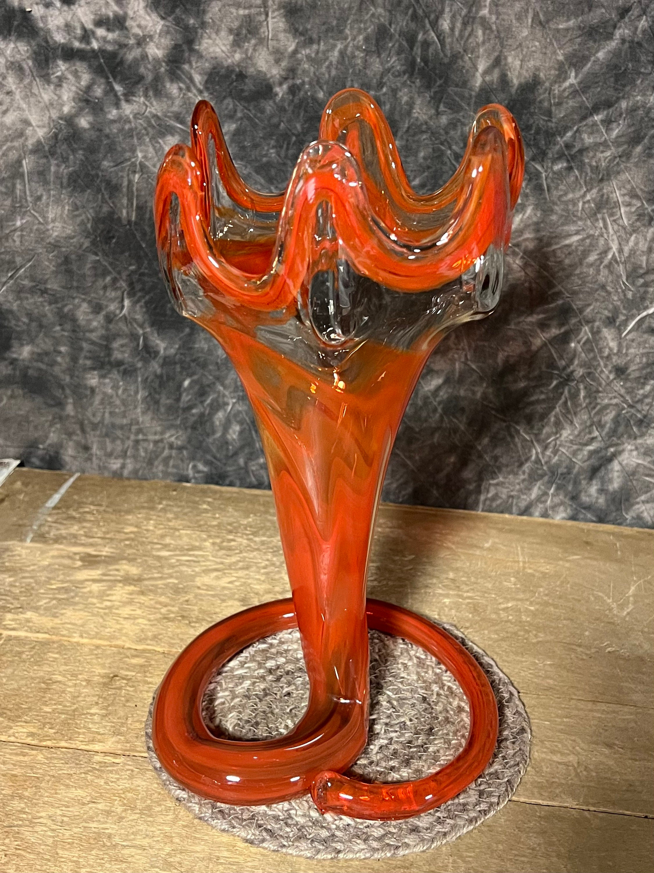 Vintage Hand Blown Glass Art Vase Orange Swirl Vase With Coil Stem Handblown Glass Orange Glass Vase With Snake Form Base Etsy