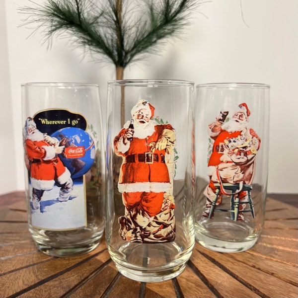 Vintage Coca-Cola Santa Claus Christmas Glasses, Set 3 Vintage Coke Glasses, Haddon Sundblom Collectible Coca-Cola Glasses