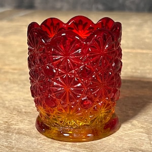 Vintage LE Smith Amberina Glass Toothpick Holder, Daisy and Button Amberina