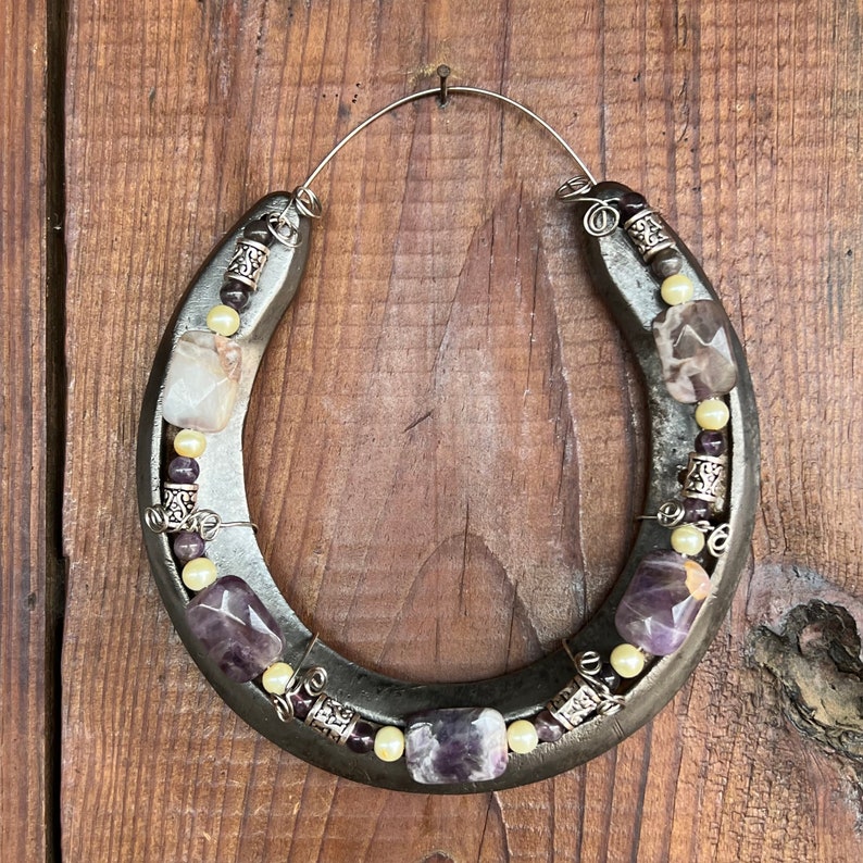 Beaded Horseshoe Purple Marbled Beads Pearl Beads Silver Etsy