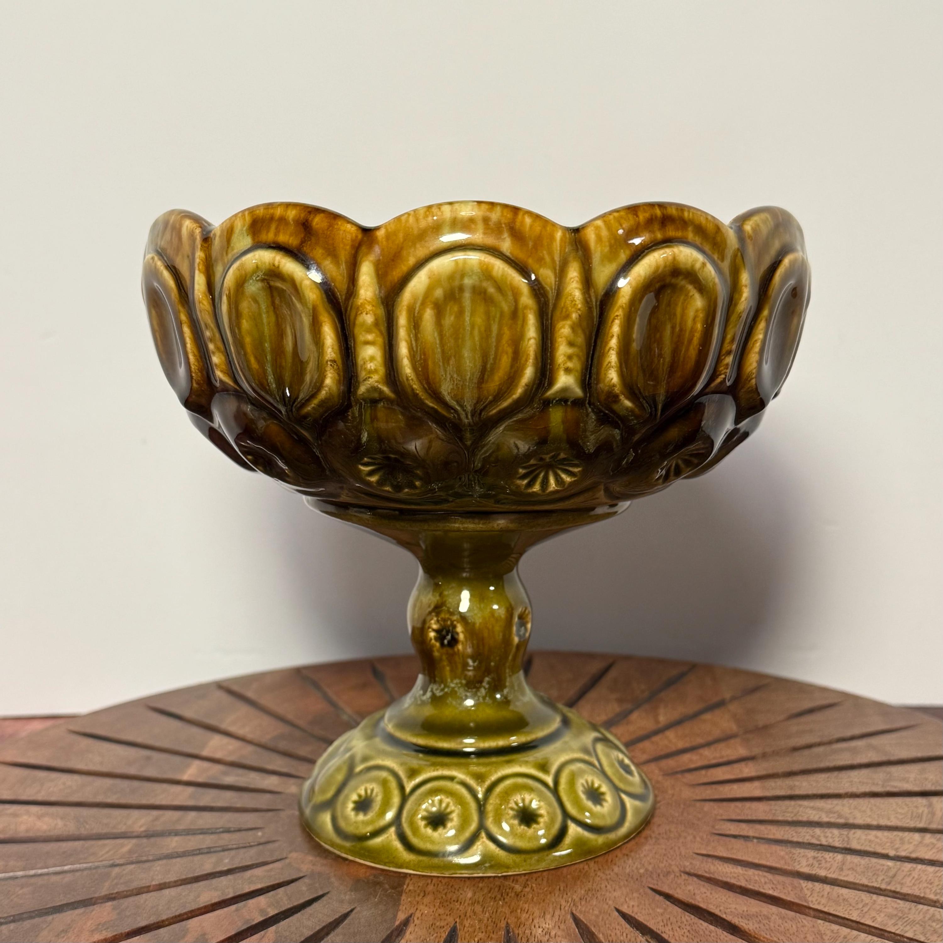 Vintage Mccoy Compote, Large Green and Brown Glazed Ceramic Compote ...