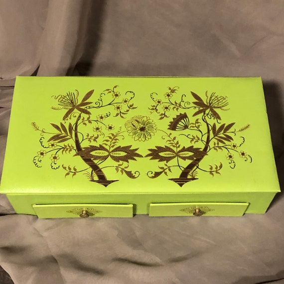 Vintage Green Jewelry Box, Gold and Black Ornate Desi… Gem