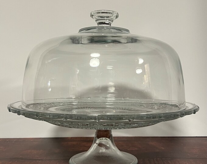 Vintage Heavy Glass Cake Stand With Glass Dome Lid Cover, Vintage